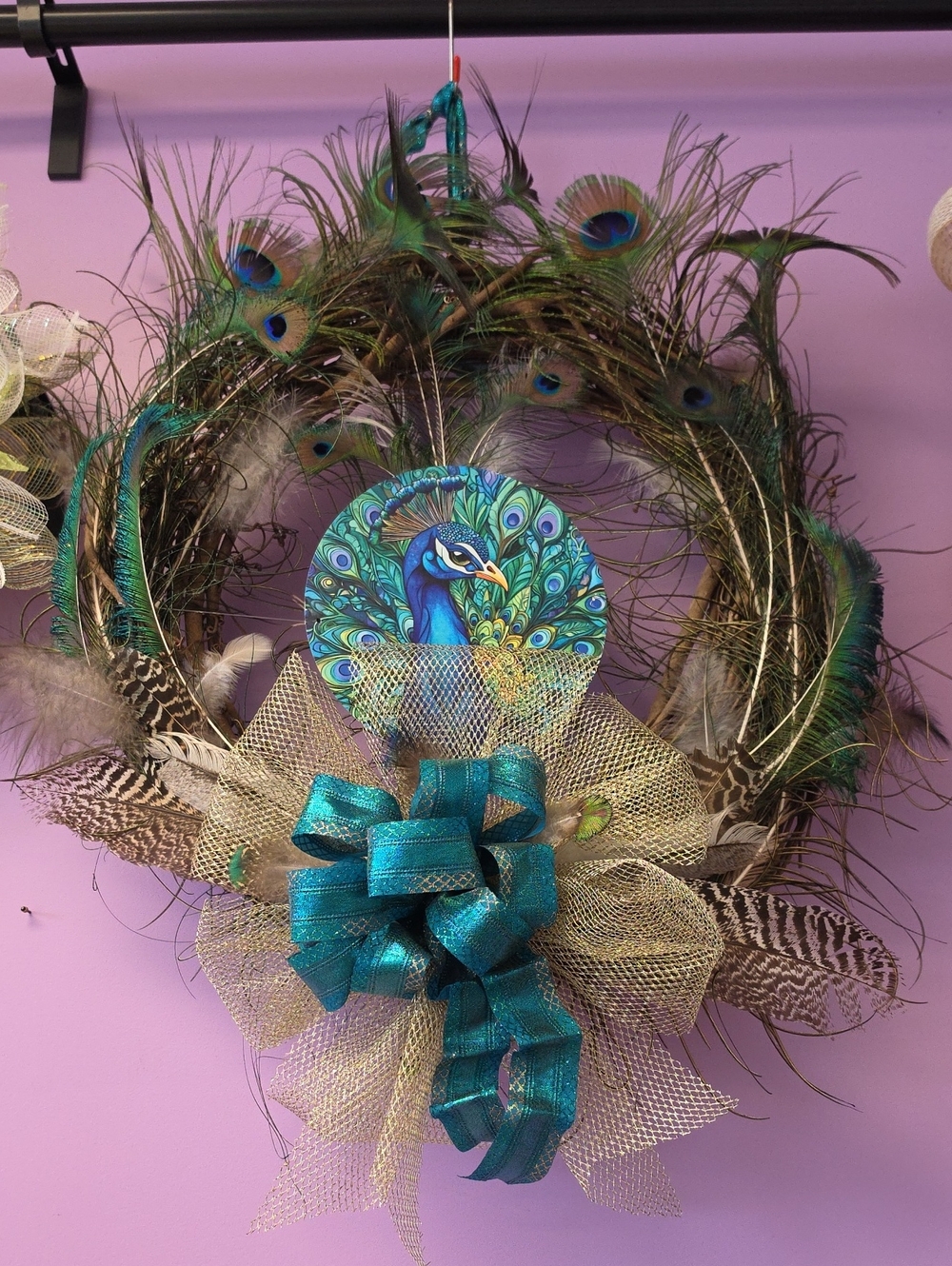 Peacock Feather Decorative Wreath with Teal Bow